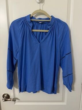 Blue Linen Blend Boho Blouse – 3/4 Sleeve Flowy Top